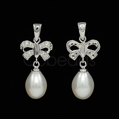 Anti-Tarnish Bowknot and Teardrop Rhodium Plated 925 Sterling Silver Pearl Pendants STER-N011-11-1