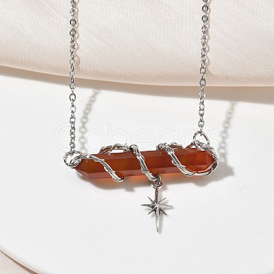 Natural & Synthetic Mixed Stone Faceted Pointed Bullet Wire Wrapped with Star Pendant Brass Cable Chain Necklaces NJEW-P351-01P-1