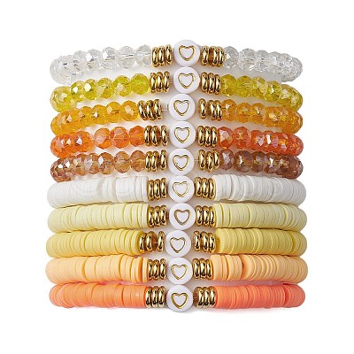 10Pcs Polymer Clay Disc & Glass & Brass Beaded Stretch Bracelets Set BJEW-JB09676-03-1