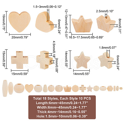 180Pcs 18 Styles Natural Wooden Beads WOOD-PH0002-38-1