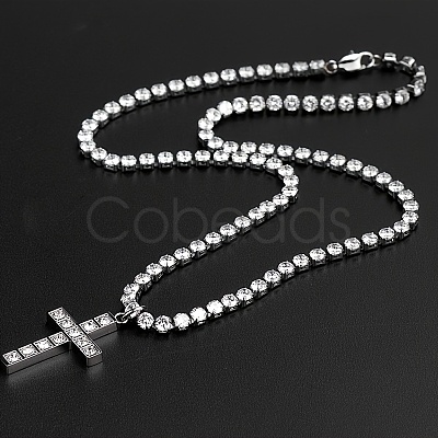 Stainless Steel Full Rhinestone Cross Pendant 4mm Tennis Chain Necklaces KD8251-3-1