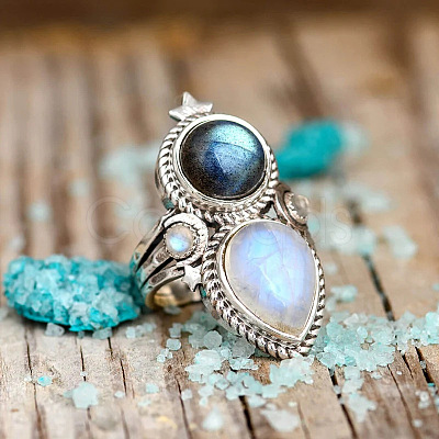 Teardrop & Oval Bohemian Style Zinc Alloy with Resin Imitation Moonstone/Rhinestone Finger Rings FS-WGFB6C4-03-1