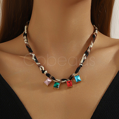 Alloy with Colorful Glass Pendant Polyester Collar Knot Tie Necklaces for Women NJEW-SP0001-17B-1