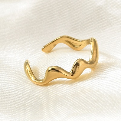 PVD Vacuum Plating 304 Stainless Steel Wave Open Cuff Ring for Women RJEW-C040-02G-1