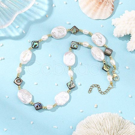Natural Paua Shell Rhombus & Natural Baroque Keshi Pearl Oval Beaded Necklaces with 304 Stainless Steel End Chains NJEW-JN06522-1