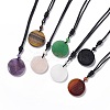 Natural Gemstone Flat Round with Flower of Life Pendant Necklace with Nylon Cord for Women NJEW-P274-02-1