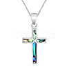 304 Stainless Steel Pave Natural Paua Shell Religion Cross Pendant Necklaces for Women FS-WG66782-01-5