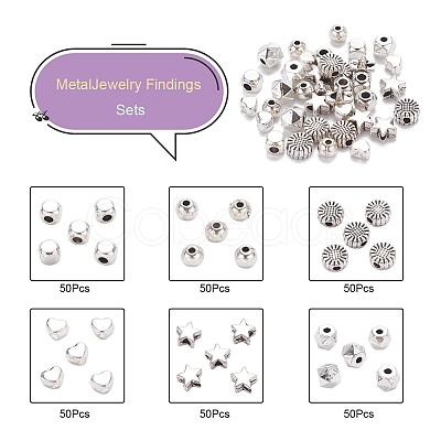 300Pcs 6 Style Tibetan Style Alloy Spacer Beads TIBE-YW0001-24-1