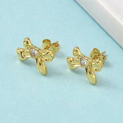 Brass Micro Pave Clear Cubic Zirconia Bowknot Stud Earrings EJEW-A145-02B-G-1