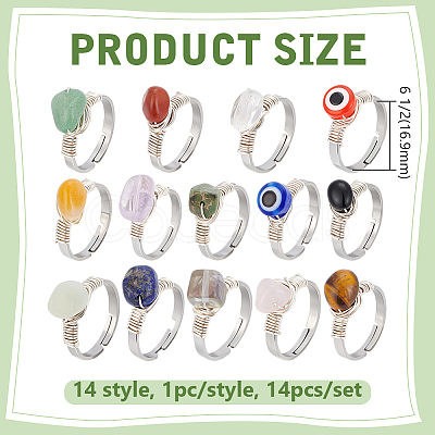 14Pcs 14 Styles 304 Stainless Steel & Gemstone Chip & Evil Eye Resin Finger Rings NJEW-WR00012-1