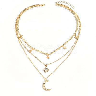 Moon Star Alloy Crystal Rhinestone Pendant 3 Layer Necklaces for Women FS-WG5D7AF-01-1