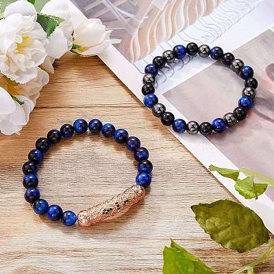 2Pcs 2 Style Dyed & Heated Natural Tiger Eye & Gemstone Stretch Bracelets Set BJEW-SW00090-1