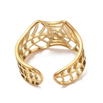 Ion Plating(IP) 304 Stainless Steel Hollow Spider Web Open Cuff Ring for Women RJEW-M149-25G-1