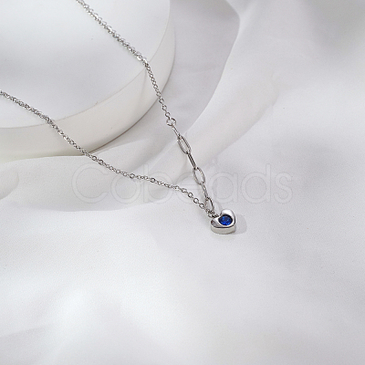 304 Stainless Steel Pave Blue Cubic Zirconia Heart Pendant Cable Chain Necklaces for Women OU4344-2-1