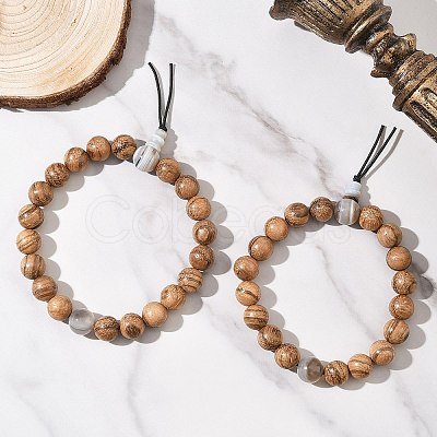2Pcs 2 Styles Natural Striped Agate & Wood Round Beaded Stretch Bracelets Sets for Men Women BJEW-JB12347-1