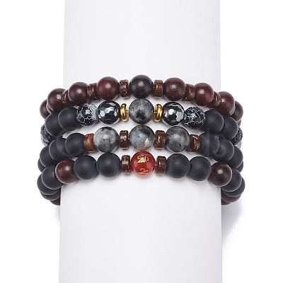 4Pcs 4 Style Natural Coconut & Wood & Mixed Gemstone Beaded Stretch Bracelets Set BJEW-JB08835-1
