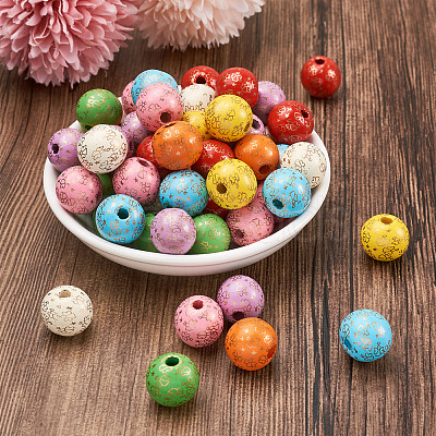 80Pcs 8 Colors Printed Natural Wood Beads WOOD-FW0001-10-1