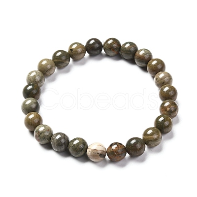 Natural Silver Leaf Jasper Round Beads Stretch Bracelet for Men Women BJEW-JB06824-02-1