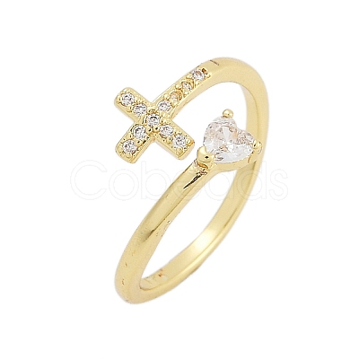 Rack Plating Cross & Heart Brass Micro Pave Cubic Zirconia Cuff Rings for Women RJEW-M028-63G-1