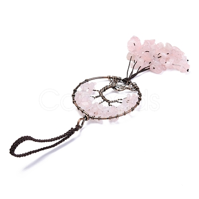 Wire Wrapped Chips Natural Rose Quartz Big Pendant Decorations HJEW-H057-02A-1