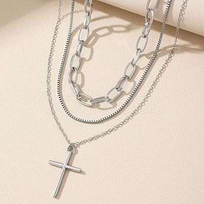 304 Stainless Steel Cross Pendant 3 Layer Necklaces for Women NJEW-F343-02P-1