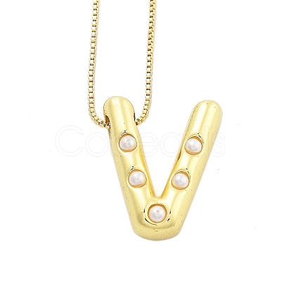 Brass & Plastic Pearl Letter Pendant Box Chain Necklaces for Women NJEW-U017-01G-22-1