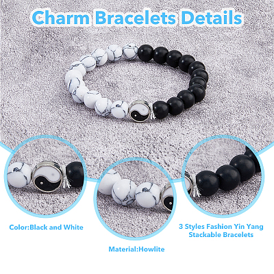 FIBLOOM 3Pcs 3 Styles Natural Howlite & Frosted Black Stone Beaded Stretch Bracelets Set BJEW-FI0001-21-1