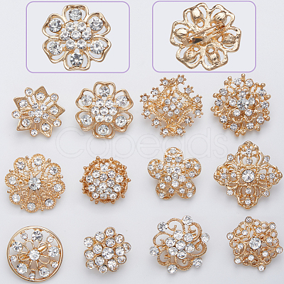 12Pcs 12 Style Crystal Rhinestone Flower Brooch Pins JEWB-GF0001-36A-1