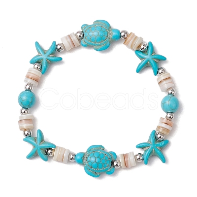 2Pcs Starfish & Turtle Natural Freshwater Shell Beads Stretch Bracelets for Women BJEW-JB11922-1