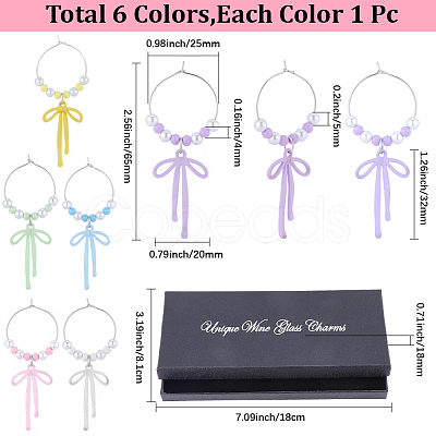 6Pcs 6 Colors Alloy Enamel Bowknot Glass Seed Beaded Wine Glass Charms AJEW-SC00076-1