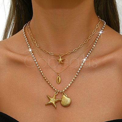 Boho Summber Beach Alloy Crystal Rhinestone Starfish Shell Shape Pendant 3 Layer Necklaces for Women WG7EBB2-01-1