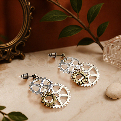 2 Pairs Alloy Toothed Wheel Dangle Stud Earrings EJEW-HY0001-19A-1