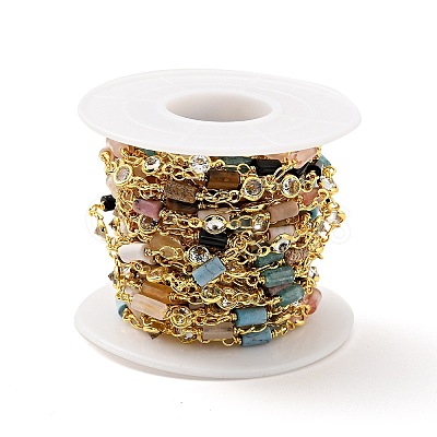 Natural Mixed Gemstone Column & Clear Cubic Zirconia Flat Round Link Chain CHC-G017-01G-1