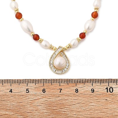 Brass Glass & Pearl Teardrop Pendant Necklaces NJEW-P325-01G-1