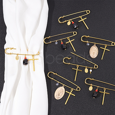 12Pcs 4 Style Cross & Virgin Mary Alloy & Resin Cube & Acrylic Pearl Charms Safety Pin Brooch JEWB-PH01259-1