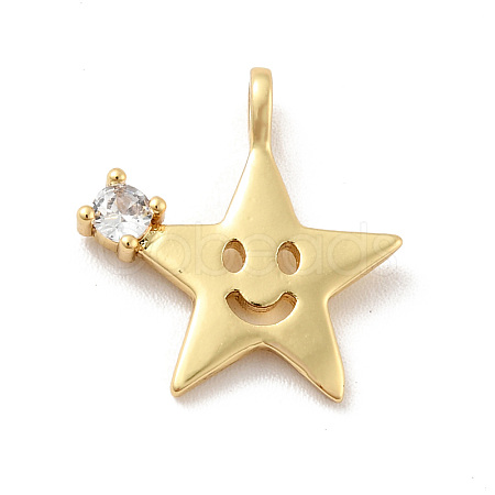 Star with Smiling Face Brass Micro Pave Clear Cubic Zirconia Pendants KK-G425-09G-1