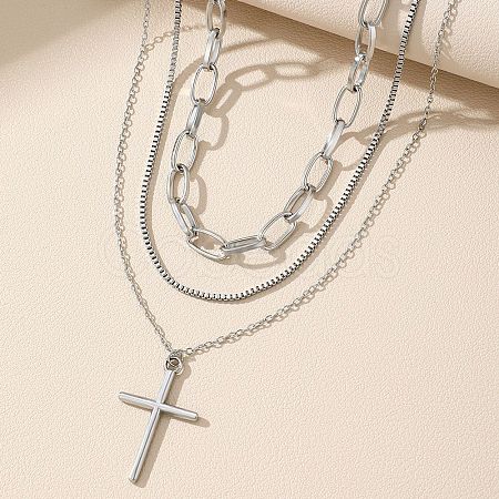 304 Stainless Steel Cross Pendant 3 Layer Necklaces for Women NJEW-F343-02P-1