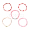 5Pcs 5 Style Word Love Acrylic & Brass Heart & Polymer Clay Disc Beaded Stretch Bracelets Set for Valentine's Day BJEW-TA00314-3