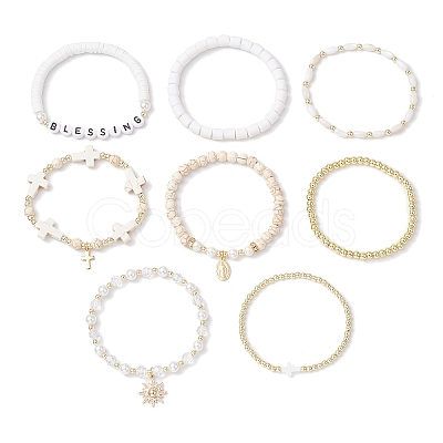 8Pcs 8 Styles Natural & Synthetic Gemstone & Glass & Handmade Polymer Clay & Acrylic Beads Stretch Bracelet Sets BJEW-JB12096-1