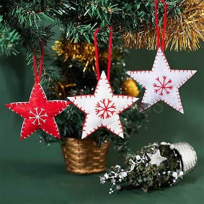 6Pcs 3 Colors Star with Snowflake Felt Fabric Pendant Decoration HJEW-CP0001-09-1