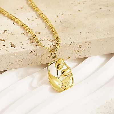 Oval with Flower 304 Stainless Steel Pendant Necklace with Cuban Link Chains LS-YS0902-1-1