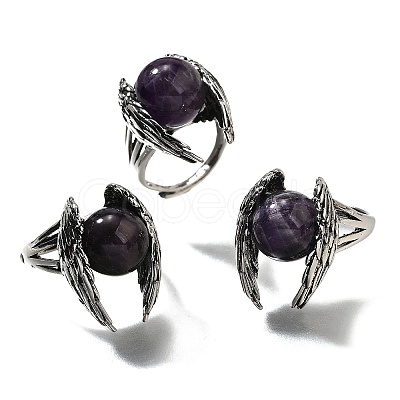 Natural Amethyst Wings Adjustable Rings RJEW-K241-04AS-08-1