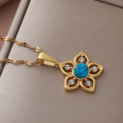 Vintage 304 Stainless Steel & Synthetic Turquoise Flower Pendant Necklaces with Crystal Rhinestone for Women LS-RQ4537-1