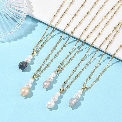 Ocean Natural Cultured Freshwater Pearl & Round Shell Pearl Beaded Pendant 304 Stainless Steel Satellite Chain Necklaces for Women NJEW-JN06039-1