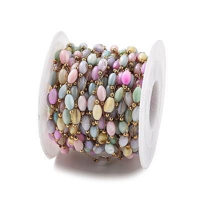 Shell & 304 Stainless Steel Oval Beads Link Chains CHS-K021-09G-05-1