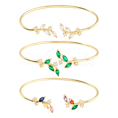 3Pcs 3 Colors Elegant Brass Cubic Zirconia Leaf Cuff Bangles for Women BJEW-GO0003-01G-1