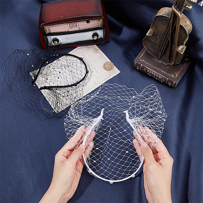 2Pcs 2 Colors Bridal Rhinestones Pearl Mesh Veil Cloth Hair Bands MRMJ-GF0001-50A-1