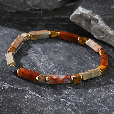 Vintage Bohemian Synthetic Aqua Terra Jasper & Non-magnetic Hematite & Natural Picture Jasper Cuboid Beaded Stretch Bracelets for Men YF8197-1