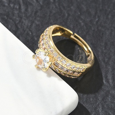 Adjustable Brass Finger Rings with Round Cubic Zirconia Center & Baguette Accents for Women CU-CBA7E55-16G-1