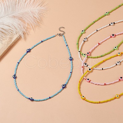 Resin Evil Eye & Glass Seed Beaded Necklace for Women NJEW-JN04243-1